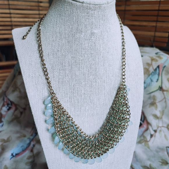 Seafoam Bluish Green Acrylic Gold Tone Teardrop Cascade Statement Necklace - Picture 3 of 6